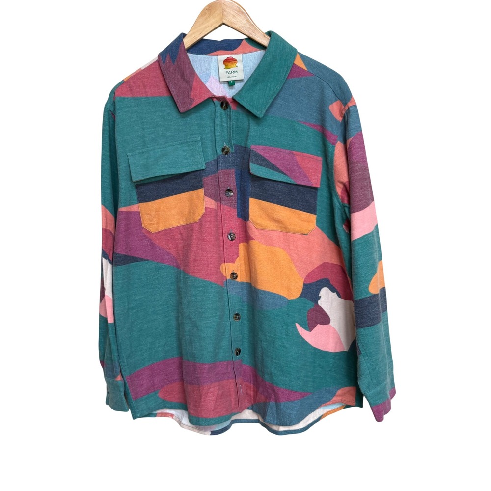 Farm Rio Women Abstract Landscape Print Flannel Button Up Shirt Teal Small